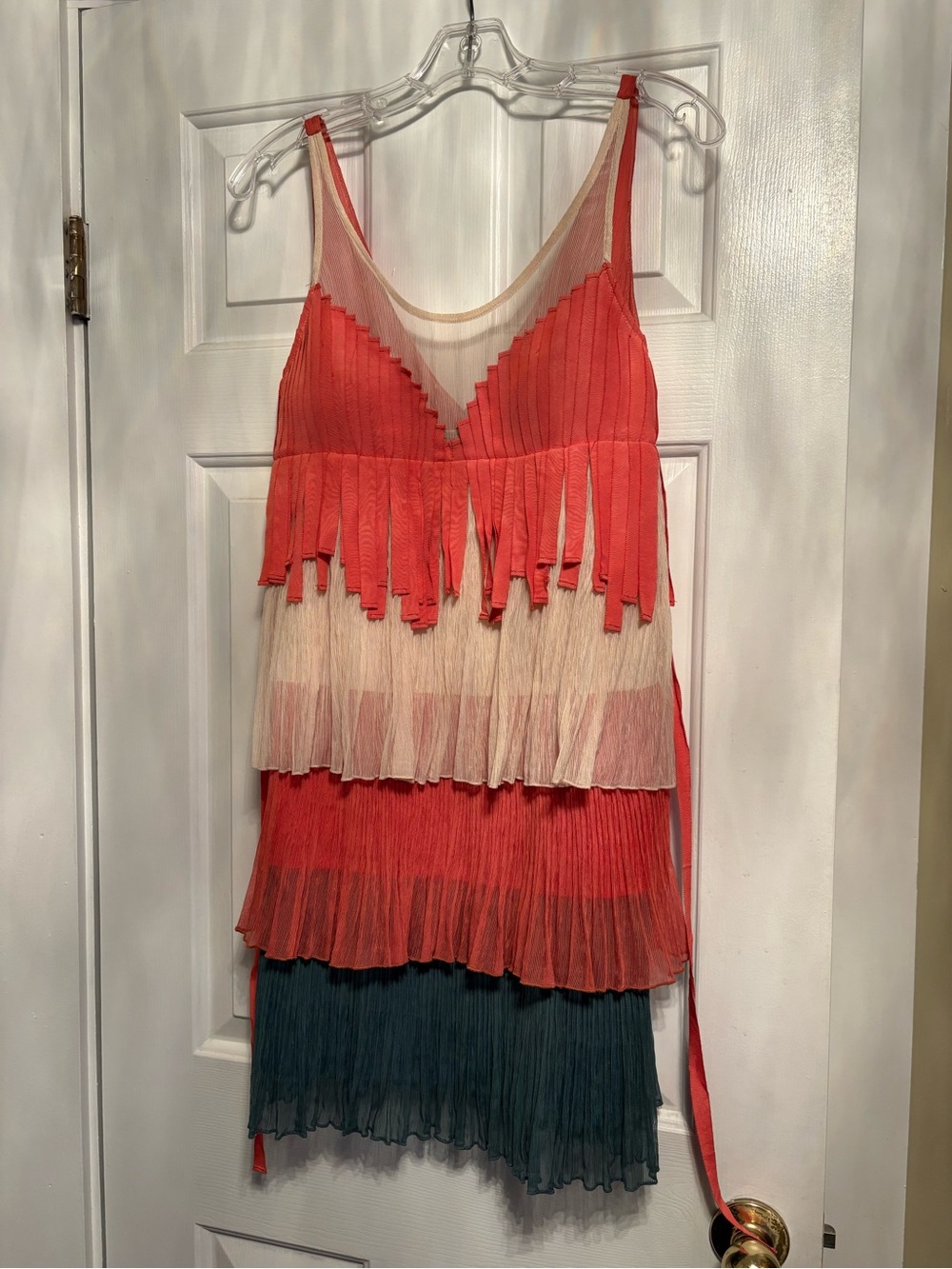 Color-Blocked Fringe Tiered Mini Dress in Coral, Cream & Teal
